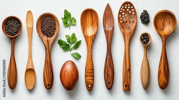 Fototapeta Craft a visually appealing arrangement of kitchen  0136 spoon, wooden, wood, isolated, kitchen, utensil, cooking, white, kitchenware, object, tool, spatula, utensils, traditional, food, fork, nobody, 