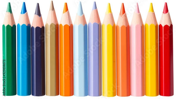 Fototapeta Front View to a Set of Multicolored pencils PNG isolated on white and transparent background - pencils with different colors Art supplies and Sketching materials Vibrant Drawing tools