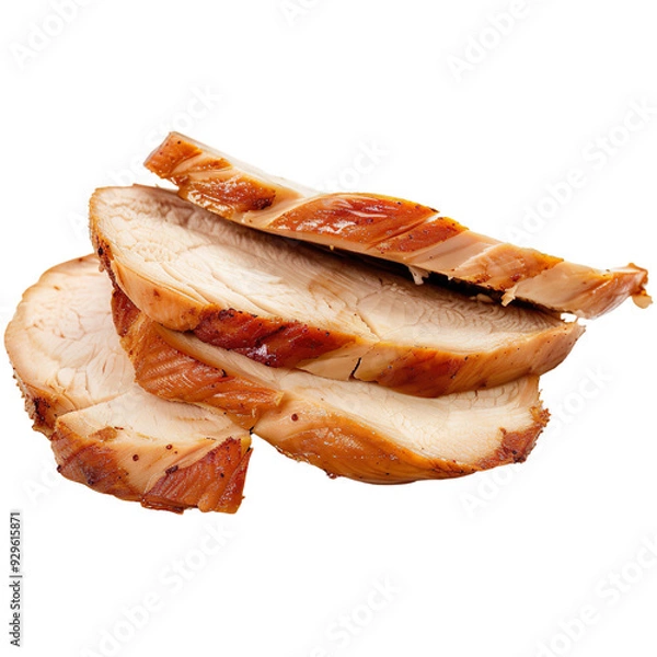 Fototapeta Smoked chicken breast slices isolated on a transparent background