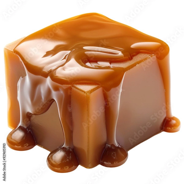 Fototapeta One beautiful sweet caramel candy cube topped with caramel sauce isolated on a transparent background
