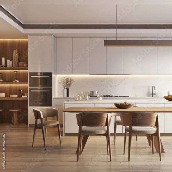 Fototapeta Stylish minimalist kitchen: island, dining table, and chairs in a modern design for an efficient and inviting home ambiance.