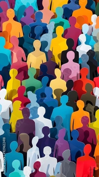 Fototapeta Banner background of a colorful crowd of people made of cut-out paper representing a dense mob gathered at a public event