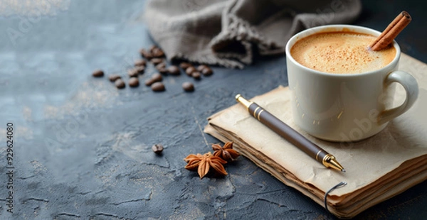 Fototapeta New Years resolutions. notebook and coffee cup at light grey table with Christmas decor, top view. New Year aims concept. Xmas greeting card