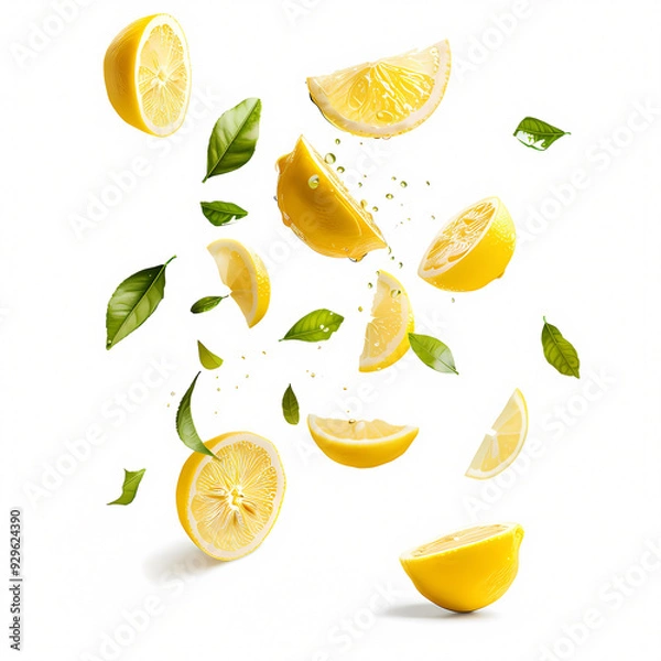 Fototapeta fresh lemon slices floating in the air