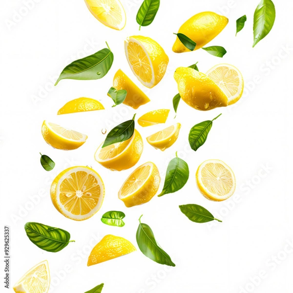 Fototapeta fresh lemon slices floating in the air