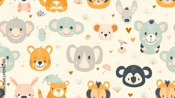 Fototapeta cute pattern of soft cartoon baby animals, used for a pattern on a babies hat