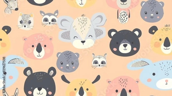 Fototapeta cute pattern of soft cartoon baby animals, used for a pattern on a babies hat