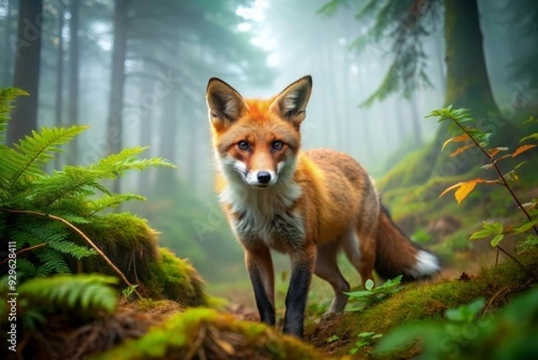 Fototapeta A fiery red fox with bushy tail and curious gaze explores the misty forest floor, surrounded by vibrant green foliage and towering ancient woods.