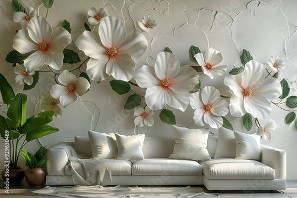 Fototapeta A peaceful 3D mural showcasing a bouquet of flowers against a soft white background, with a subtle wallpaper design.
