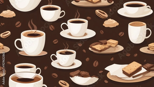Fototapeta Seamless pattern of coffee cups, coffee beans, and desserts on dark background, cozy cafe design