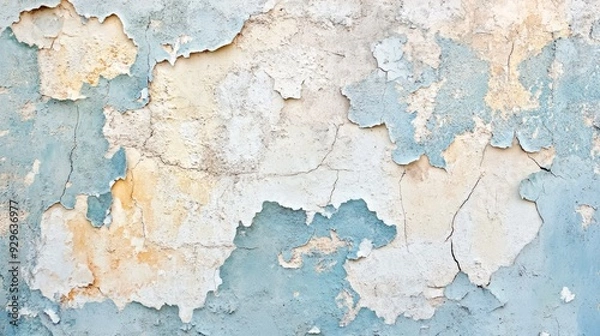 Fototapeta Textured background of peeling plaster on a wall, creating a vintage and worn appearance.