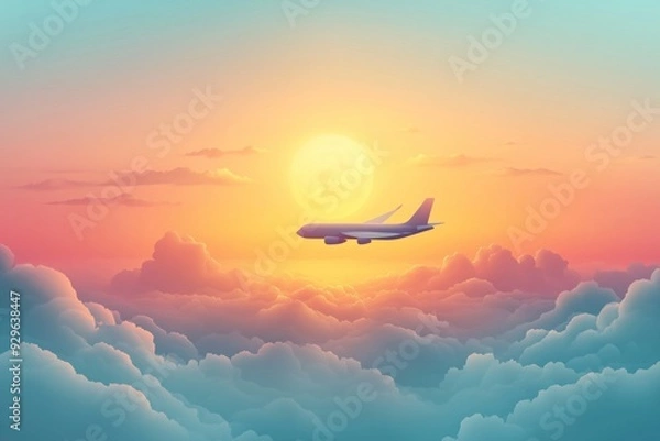 Fototapeta A serene image of an airplane cruising above a blanket of fluffy clouds during a vibrant sunset. 