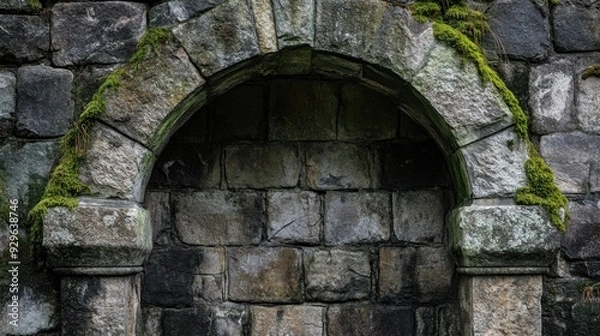 Fototapeta Weathered stone archway with moss and cracks, creating a historic and charming feel.