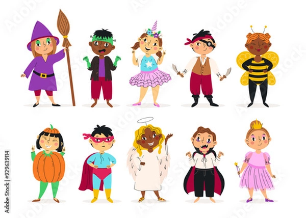 Obraz Kids in halloween costumes vector illustration. Funny and cute carnival children set. Colorfull costumes collection. For personal avatar, kids design, holiday banners