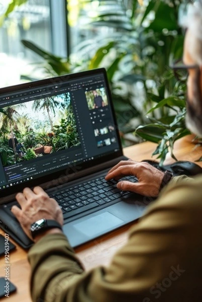 Fototapeta A social media content creator editing videos with editing software and adding effects for a compelling post
