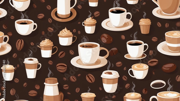 Fototapeta Seamless pattern with coffee cups, whipped cream, and coffee beans on dark background, cozy and modern cafe design