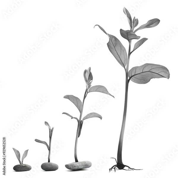 Fototapeta A sequence of three young plants, progressively growing taller from left to right