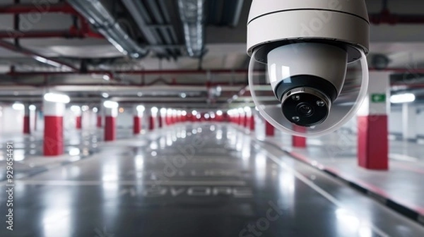 Fototapeta High-tech surveillance camera in parking lot