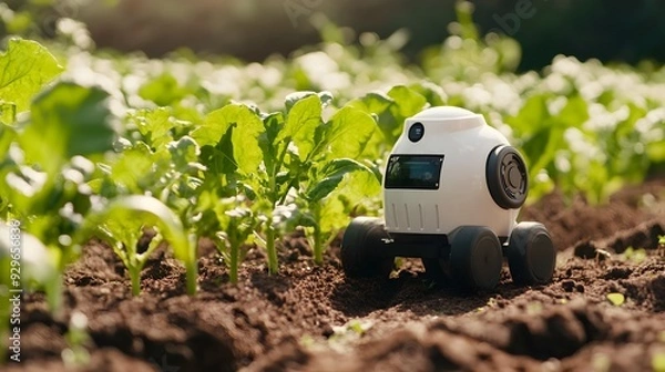 Fototapeta Small autonomous agricultural robot tending to vegetable beds weeding and watering for sustainable and efficient farming practices  of advanced robotics and technology in modern agriculture