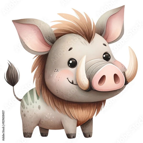 Fototapeta Cute cartoon warthog illustration with a happy expression. Perfect for children's books and educational materials.