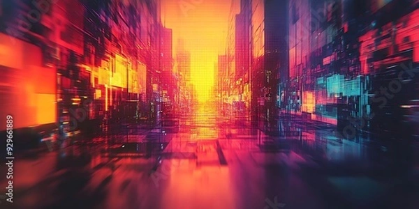 Fototapeta Abstract 3D Cityscape with Blurry Lights and Glowing Buildings