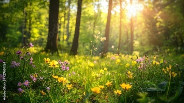 Fototapeta A serene forest scene filled with colorful wildflowers and sunlight filtering through trees.