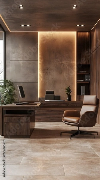 Fototapeta Luxurious executive office featuring warm wooden tones, ambient lighting, and modern furnishings for a sophisticated professional workspace
