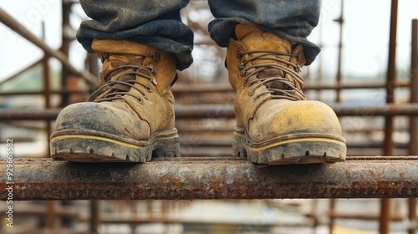 Fototapeta Close-up of construction worker's safety boots on scaffolding, emphasizing workplace safety measures