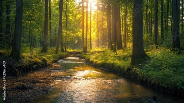 Obraz A serene forest scene with sunlight filtering through trees and a gentle stream.