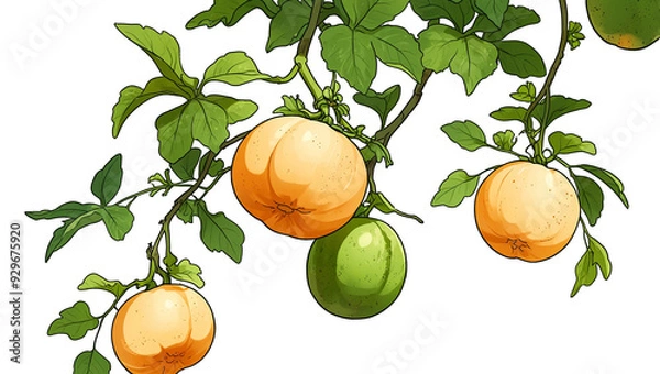 Obraz A light orange fruit hangs from a vine with green leaves.

