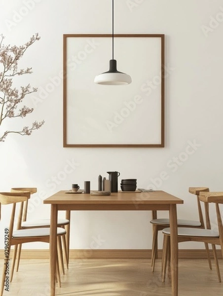 Fototapeta Frame Mockup Above Wooden Dining Table with Matching Chairs and Pendant Light