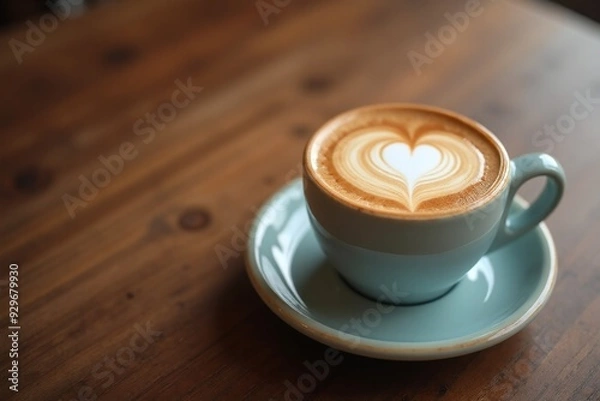 Fototapeta Latte Art Heart in Turquoise Cup on Rustic Wooden Table with Copy Space