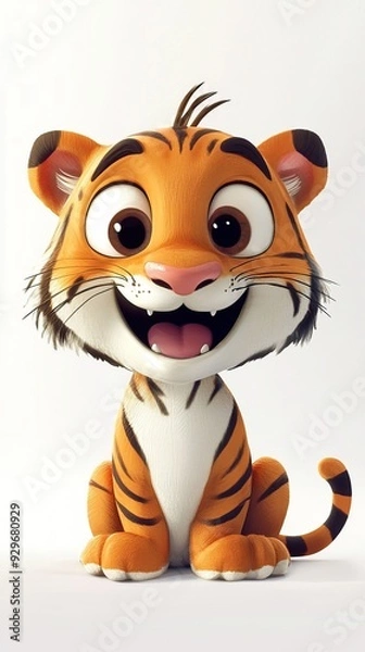 Fototapeta A cute cartoon tiger cub with big eyes and a toothy grin sits on a white background.