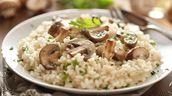Fototapeta Risotto with mushrooms and parsley in a plate on a light background