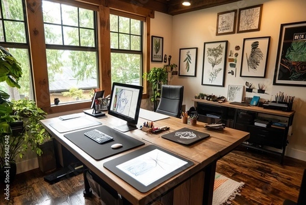 Fototapeta A cozy creative workspace with a large desk, drawing tablets, and inspirational quotes on the walls