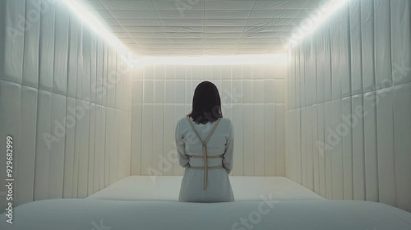 Fototapeta Woman in a padded cell, isolated and bound in a straitjacket