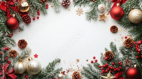 Fototapeta Festive Christmas frame with red and gold baubles, pine branches, berries, pine cones, snowflakes and confetti on white background.