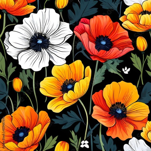 Fototapeta seamless pattern with flowers, argyle daisy poppy marigolds pattern overlay in bright jewel tones black white cartoon drawing	