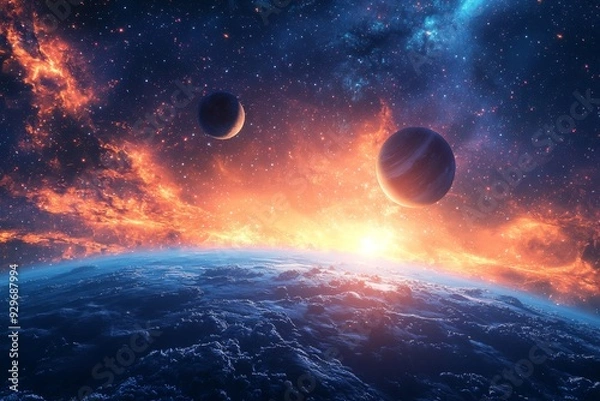 Fototapeta Space cosmic illustration with planets scene created with Generative AI
