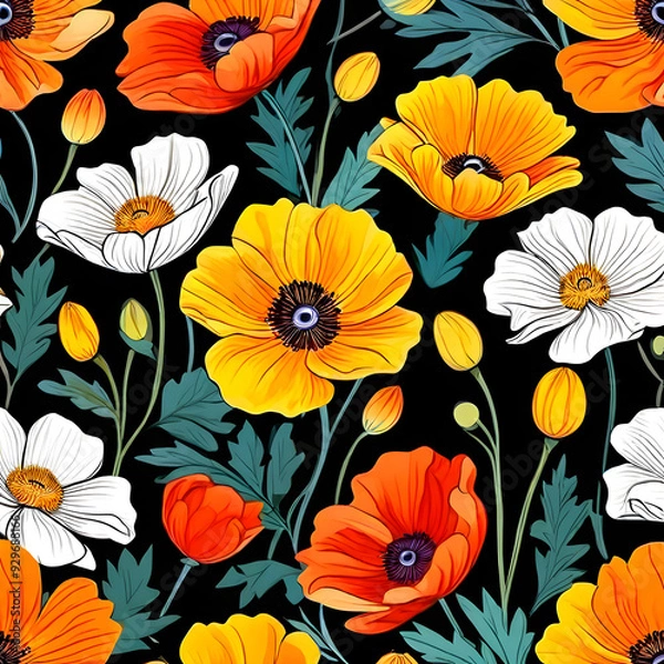 Obraz seamless pattern with flowers, argyle daisy poppy marigolds pattern overlay in bright jewel tones black white cartoon drawing	