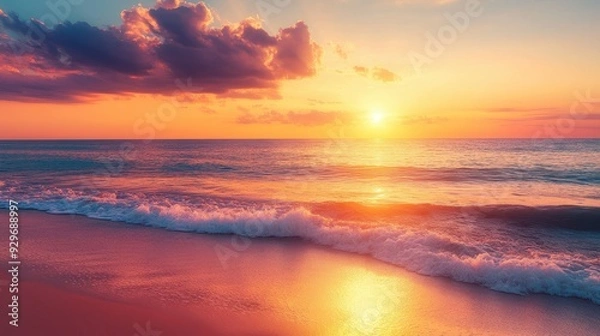 Fototapeta A serene sunset over the ocean, reflecting vibrant colors on the water's surface.