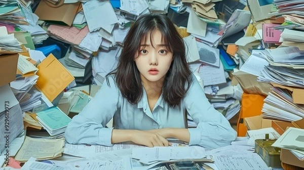 Fototapeta A young woman sits at a desk surrounded by a mountain of paperwork, looking stressed and overwhelmed.