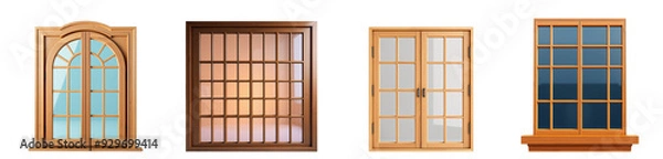 Fototapeta set of wooden windows isolated on transparent background.generative AI