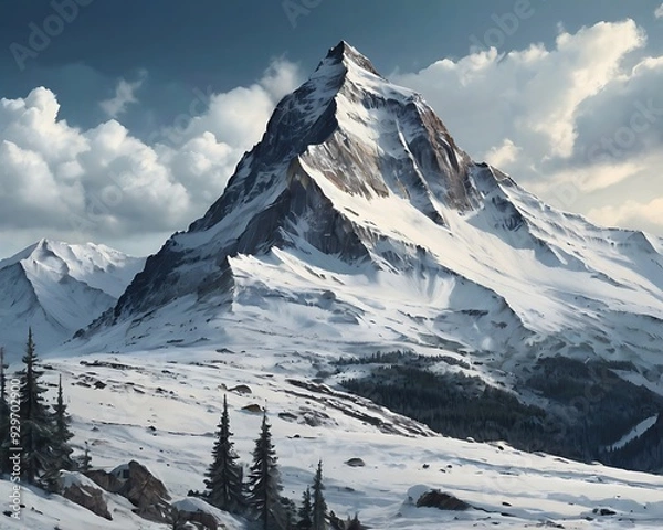 Obraz Mountain peak snowy landscape view, tall mountains majestic view nature, cold high aerial photo