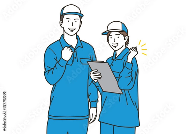 Obraz ガッツポーズをする笑顔の作業員の男性と女性