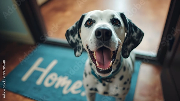 Fototapeta Closeup of a happy dalmatian dog smiling at the camera, standing on a blue doormat or welcome mat with the text "Home" on a floor indoors, in a house interior.