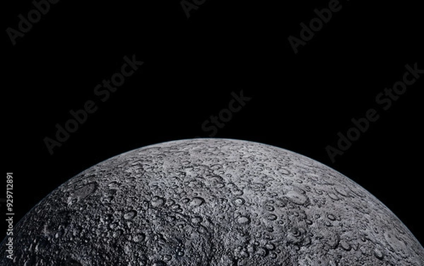Obraz Realistic large moon with rough surface, black background, 3d rendering illastration