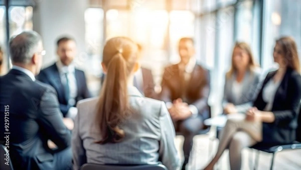 Fototapeta Soft Focus Business Discussion - Abstract blur of a business discussion setting with blurred participants.
