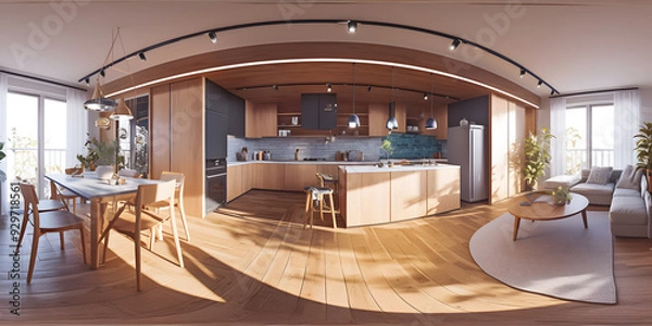 Obraz 3d illustration spherical 360 vr degrees, a seamless panorama of the room and apartment . interior design 3D rendering.reception in a modern panoramic hous