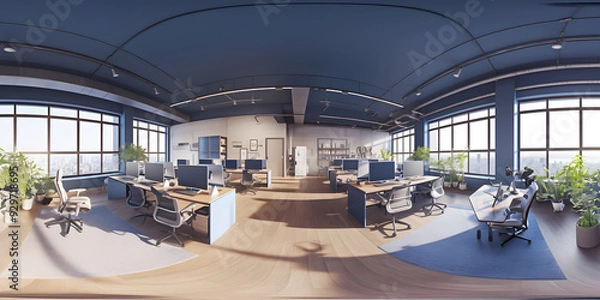 Obraz 3d illustration spherical 360 vr degrees, a seamless panorama of the room and office. interior design 3D rendering.reception in a modern panoramic office